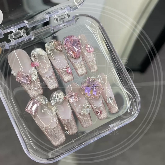 "Fleur de Cristal" luxury press-on false nails, featuring an opulent design inspired by a noble's necklace. Intricate pink crystal style arrangements create a look of pure sophistication, perfect for the most elegant and high-class occasions.