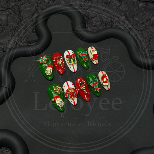 Gifts Under the Tree Christmas press-on nails with gift boxes,festive ribbons, snowflakes, and evergreen tree designs.