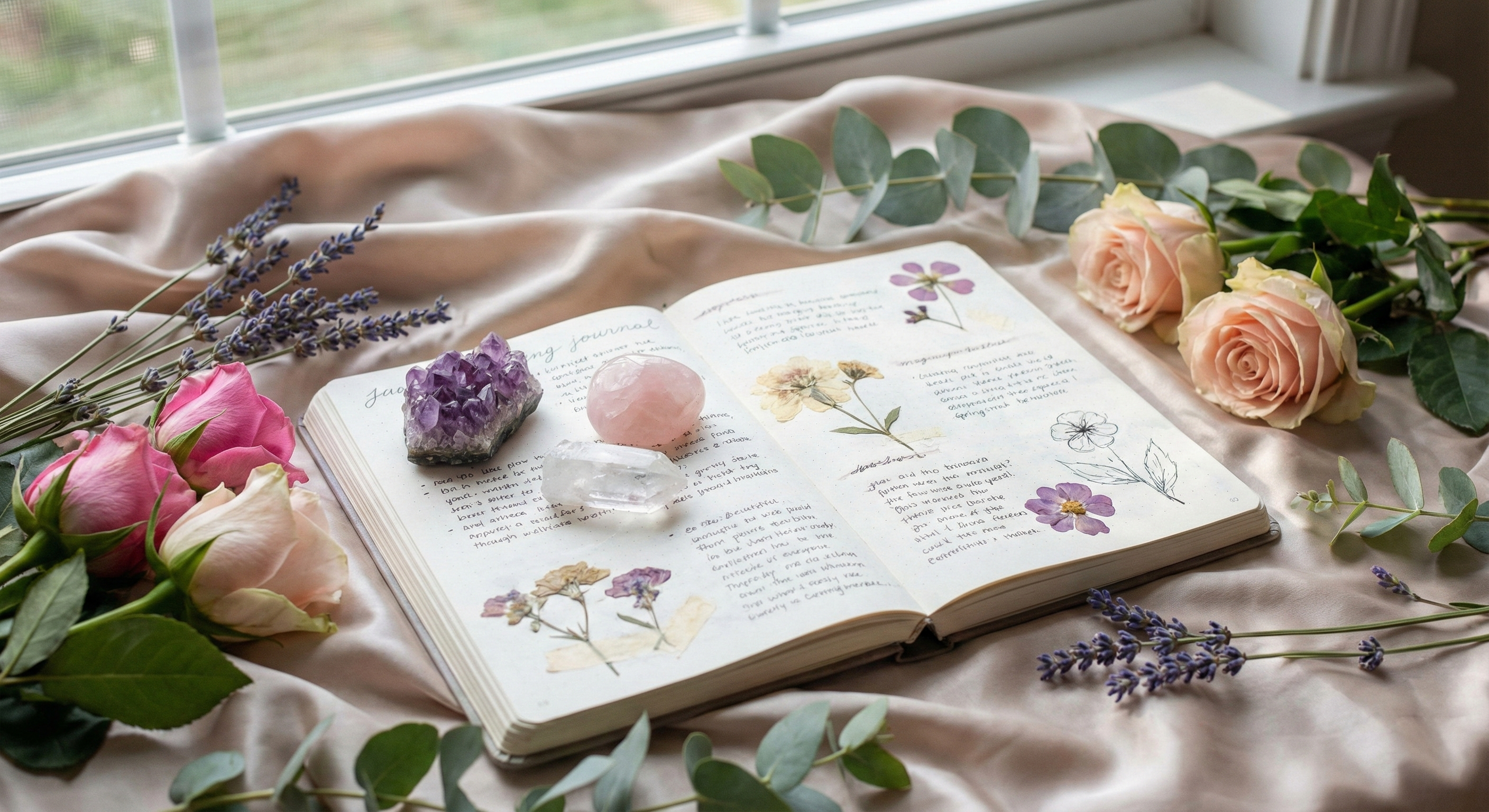 This image captures a moment of calm reflection. A bullet journal, filled with handwritten notes and pressed flowers, is the centerpiece. Healing crystals like amethyst and rose quartz are nestled among fresh roses, lavender, and eucalyptus on a luxurious silk fabric, creating a tranquil and inspiring setting.