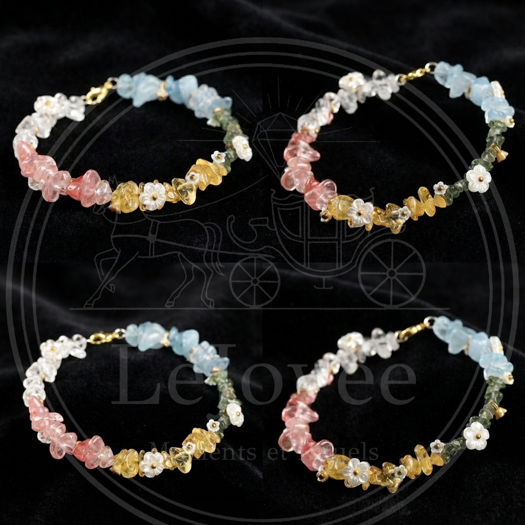 Four exquisite crystal energy bracelets are placed within a black velvet cloth, fully showcasing their vibrant rainbow colors and gentle feminine charm.