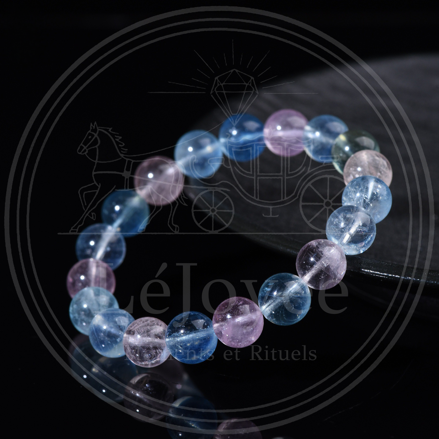 Close-up of 5A Grade Morganite crystal beads, showcasing their icy translucency and smooth, gem-quality polish against a dark background.