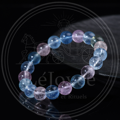 Close-up of 5A Grade Morganite crystal beads, showcasing their icy translucency and smooth, gem-quality polish against a dark background.