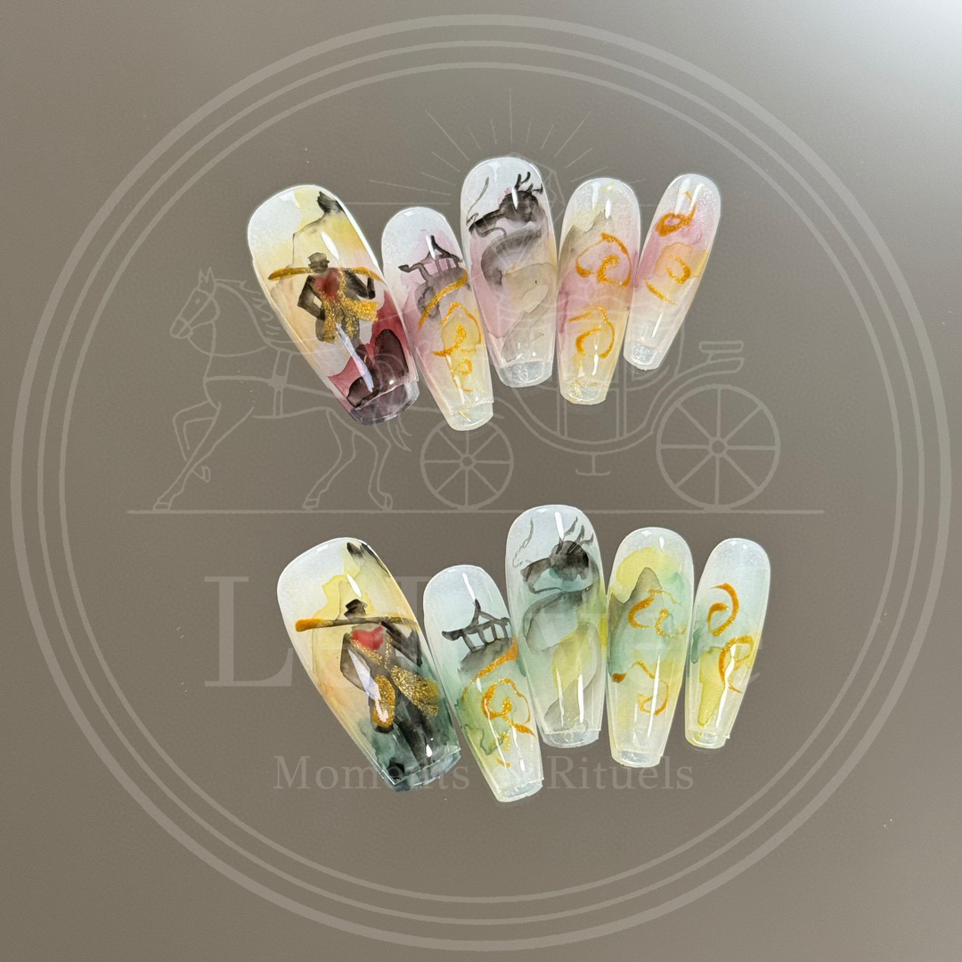 Luxury handmade press-on nails "Celestial Odyssey" featuring traditional Chinese ink-wash painting style with Monkey King silhouettes and dragon motifs on long-T nails.