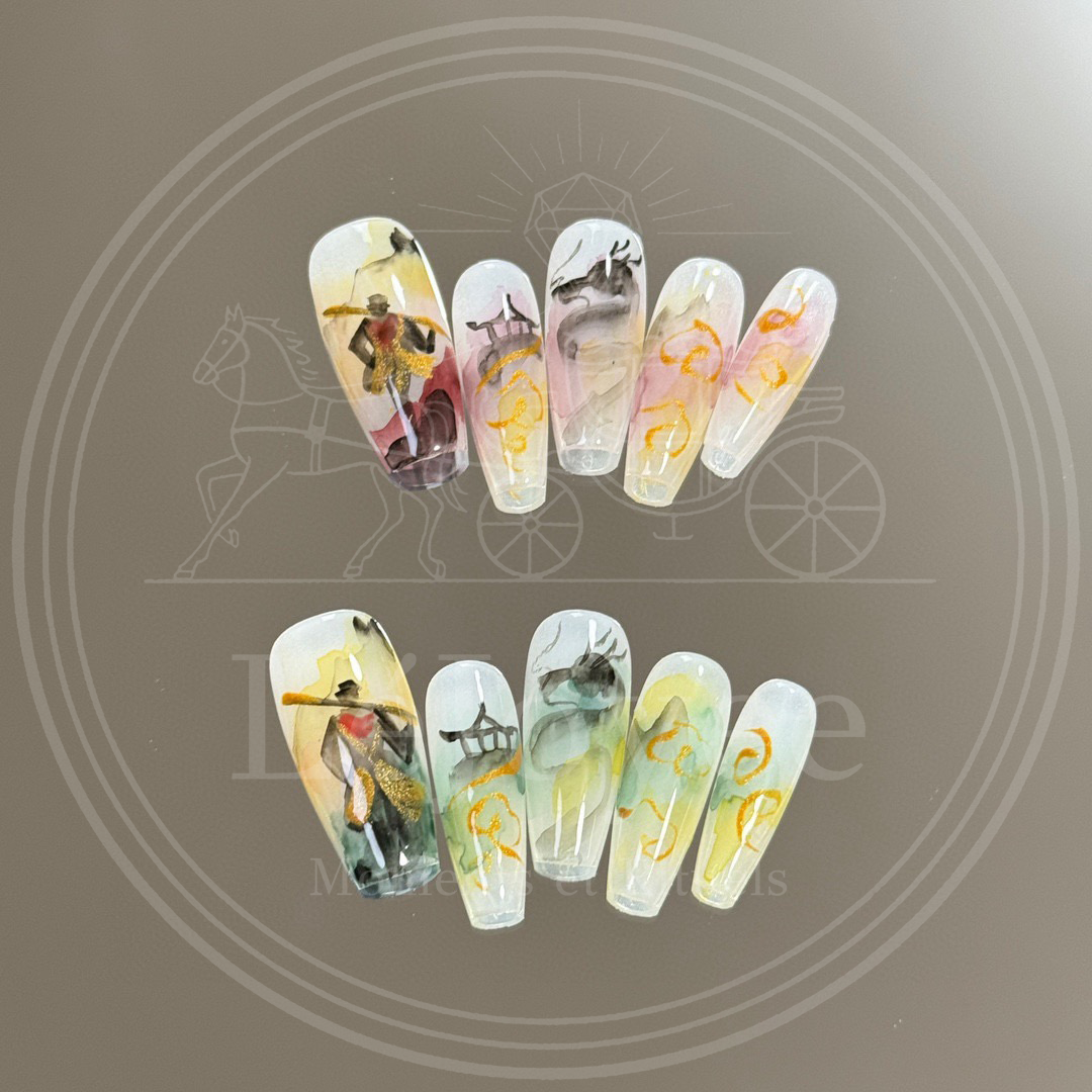 Close-up of hand-painted Monkey King (Sun Wukong) warrior figure holding a golden staff, rendered in an artistic watercolor ink style.