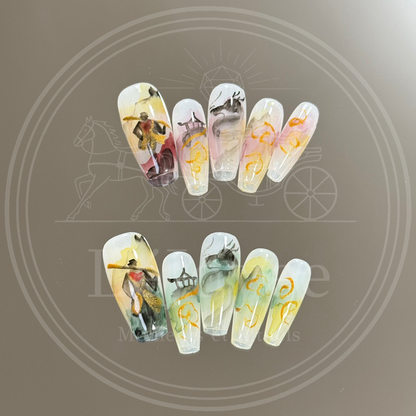 Close-up of hand-painted Monkey King (Sun Wukong) warrior figure holding a golden staff, rendered in an artistic watercolor ink style.