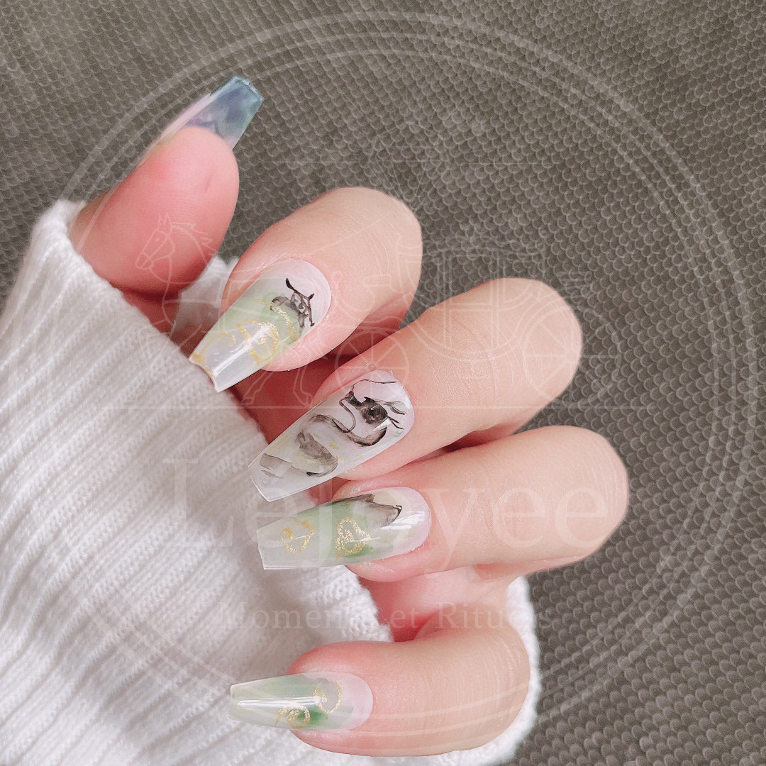 Ethereal dragon and cloud patterns swirling in sheer watercolor gradients, accented with abstract gold foil calligraphy strokes.