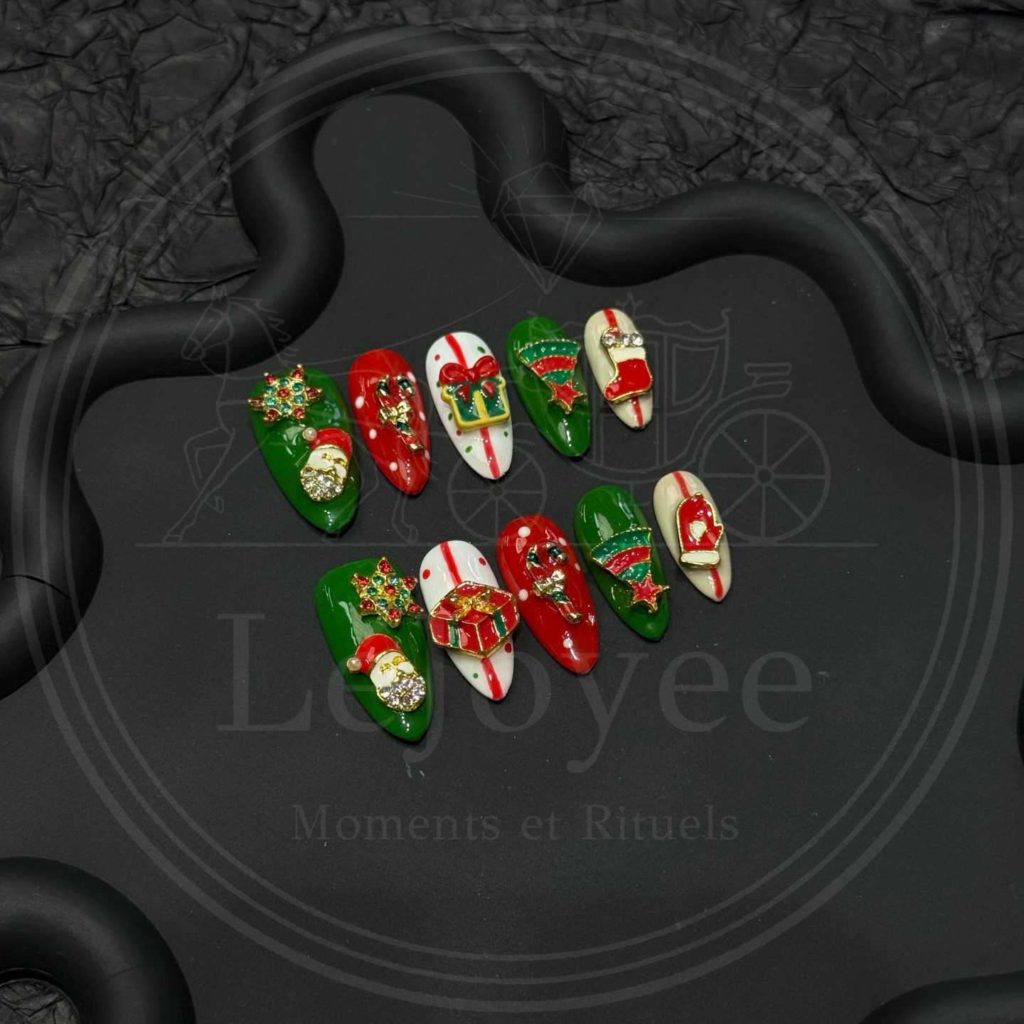 Gifts Under the Tree Christmas press-on nails with gift boxes,festive ribbons, snowflakes, and evergreen tree designs.