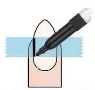 An instructional image demonstrating how to safely measure your nail for press-on nails. The third step shows using a pen to mark the left side.