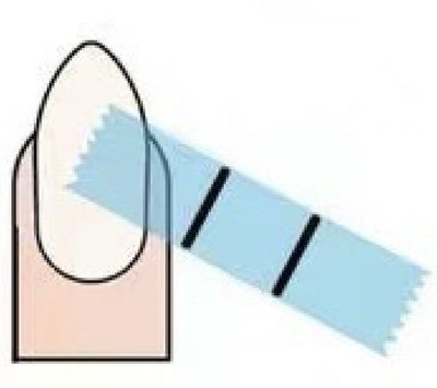 An instructional image demonstrating how to safely measure your nail for press-on nails. The fifth step shows carefully removing the tape from nail.