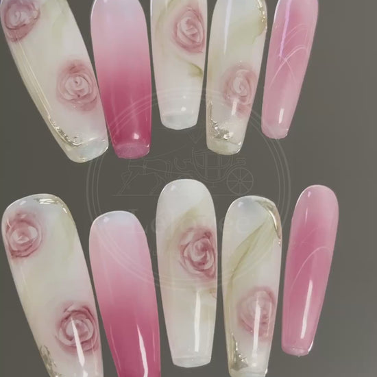 Video zooming in to show the brushstroke details of the hand-painted roses, demonstrating the high-quality craftsmanship of the Roseate Sonnet set.