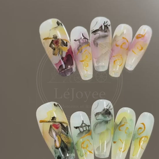 Video showcasing the light reflecting off the gold metallic accents and the depth of the semi-transparent ink-wash layers on the Celestial Odyssey nails.